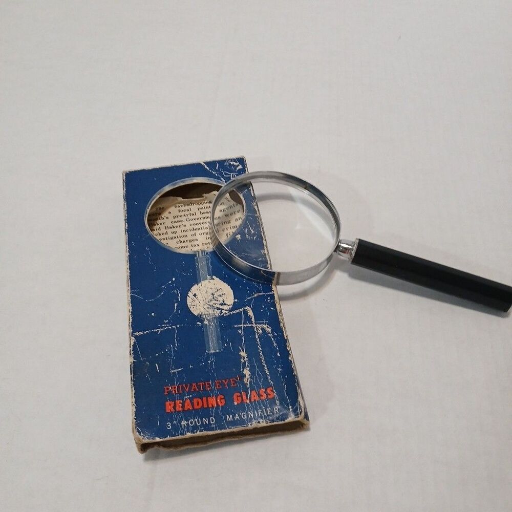 Vintage 3.5” Private EyE Magnifying Glass W/Black Plastic Handle ORIGINAL BOX